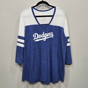 Dodgers Fanatics Women 3X Blue White V Neck 3/4 Sleeve Colorblock Baseball Tee‎